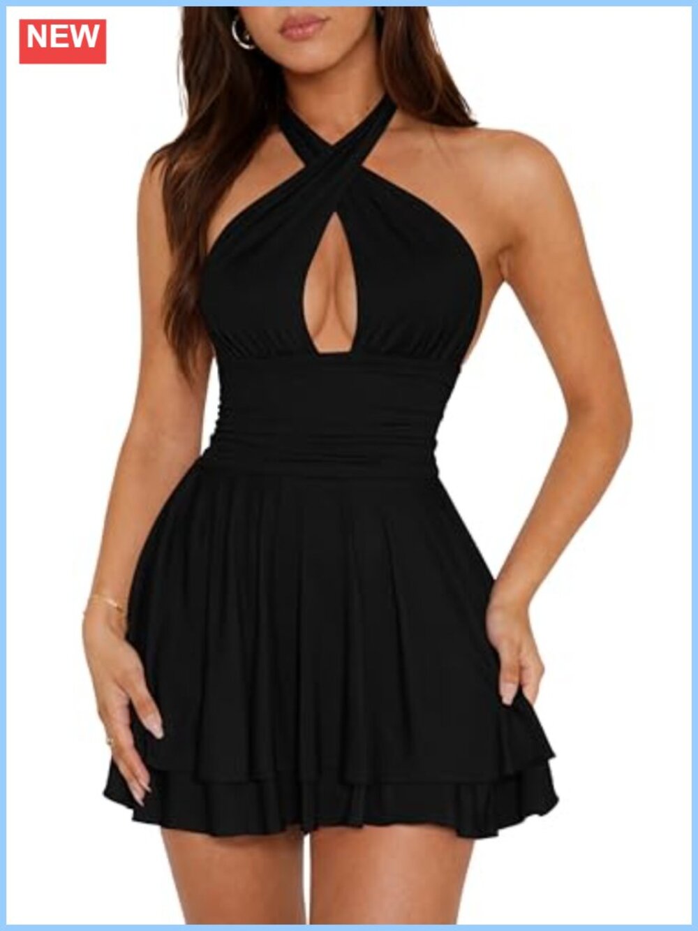 Womens Sexy Wrap Halter Neck Sleeveless Backless Flowy Mini Dress